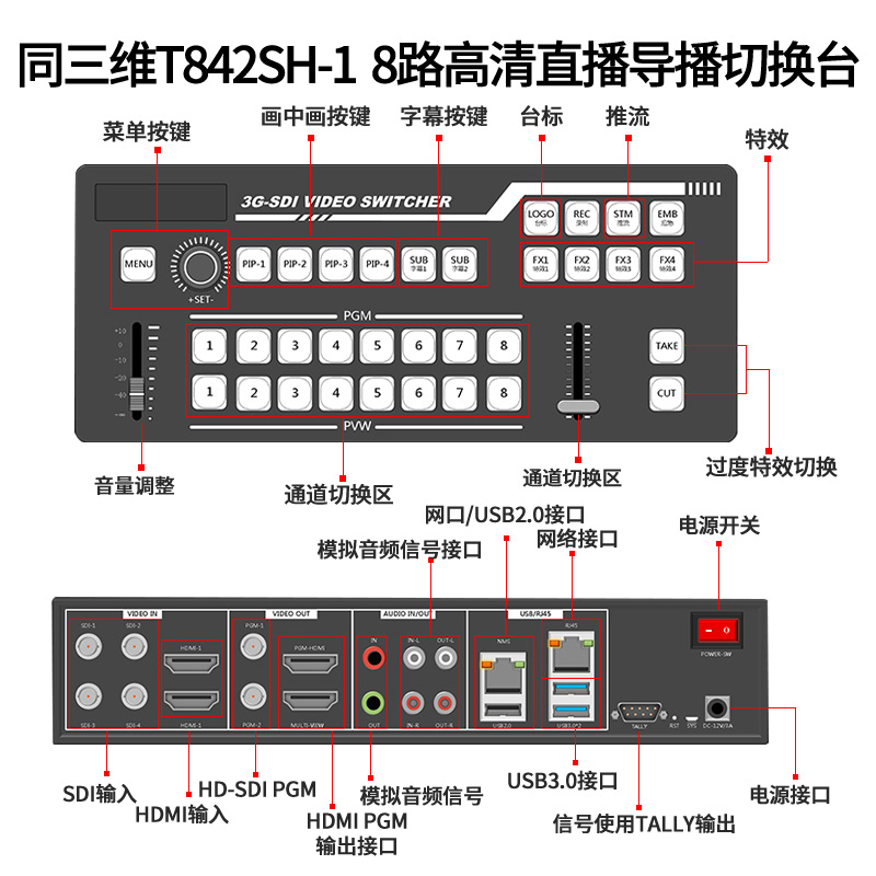 T842SH-1 8路高清直播導(dǎo)播切換臺(tái)接口